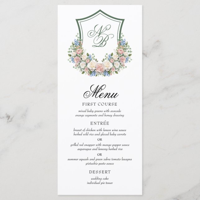 Menu Dusty Blue Floral Crest Casamento (Frente)