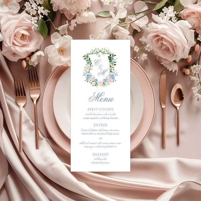 Menu Dusty Blue Floral Crest Casamento (Criador carregado)