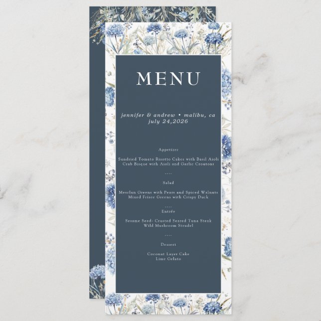 Menu Dusty Blue Floral | Flowers Wedding (Frente/Verso)