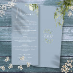 Menu Dusty Blue Floral Greenery Monograma Janto Casado<br><div class="desc">Este elegante verde botânico floral azul e poeirento deixa o menu de casamento pode ser personalizado com sua informação em tipografia quic com suas iniciais de monograma no verso. Projetado por Thisnotme©</div>