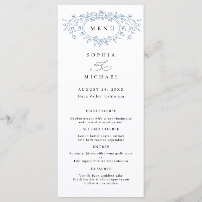 Menu Dusty Blue Floral Line Art Wedding Flat (Frente)