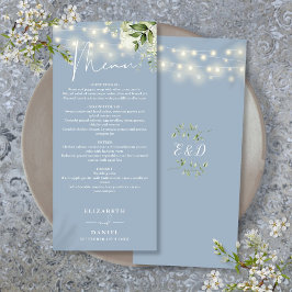 Menu Dusty Blue Floral String Lights Janto de Casamento