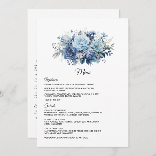 Menu Dusty Blue Floral Wedding (Frente/Verso)
