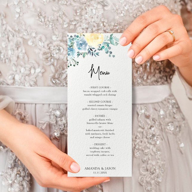 Menu Dusty Blue Ivory Floral Casamento Verde (Criador carregado)