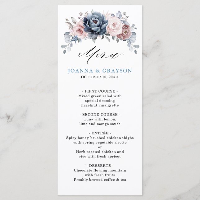 Menu Dusty Blue Mauve Rosa rosa Slate Floral Casamento (Frente)