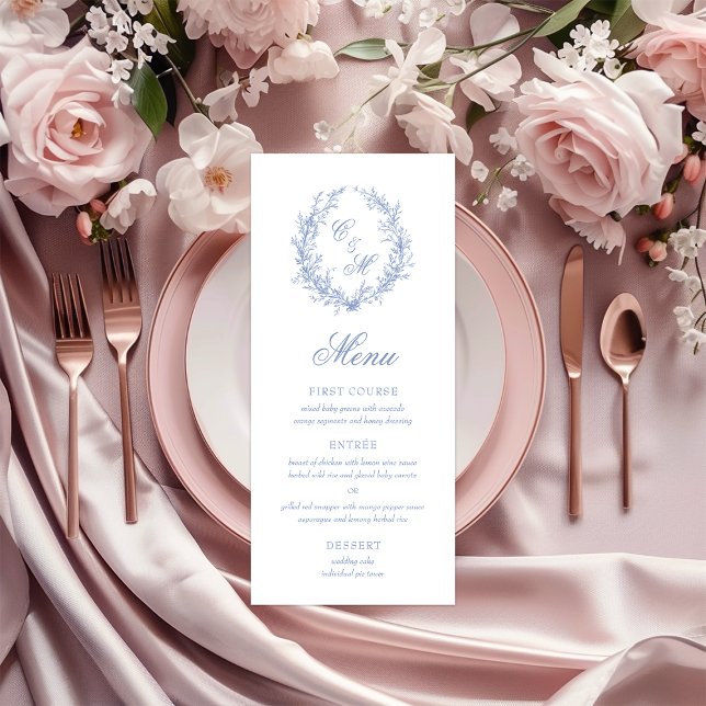 Menu Dusty Blue Monograma Botanical Wreath Casamento (Criador carregado)