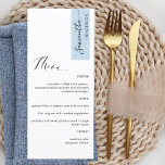 Menu Dusty Blue Personalizado com Nome de Convidado Ele<br><div class="desc">Porquê gastar cartões de lugar e cartões de menu quando pode ter um Menu elegante All-in-one personalizado com cada nome de convidado! Design contemporâneo, simples e elegante com uma bela caligrafia escrita à mão. Stripe no canto superior direito em tom azul empoeirado com nome de convidado a preto. De volta...</div>