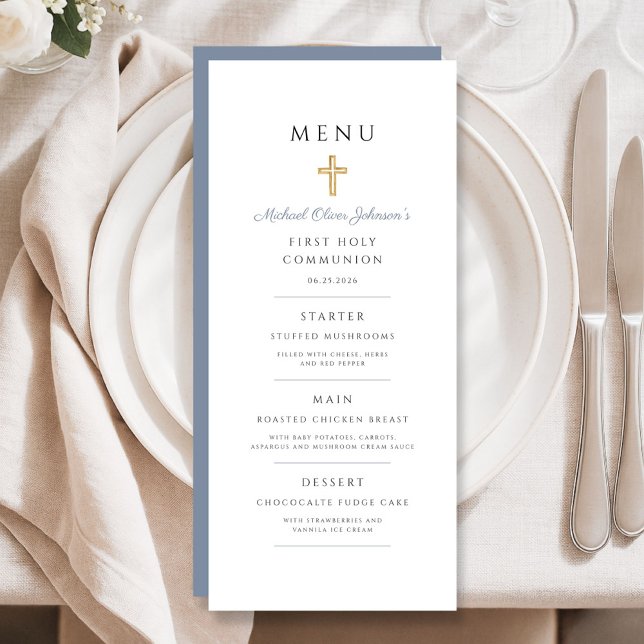 Menu Dusty Blue Religious Cross Boy First Communion (Dusty Blue Religious Cross Boy First Communion Menu)