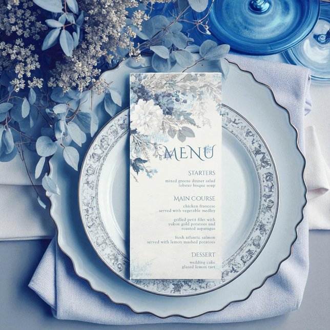 Menu Dusty Blue Silver Rosa Winter Floral Weding (Criador carregado)