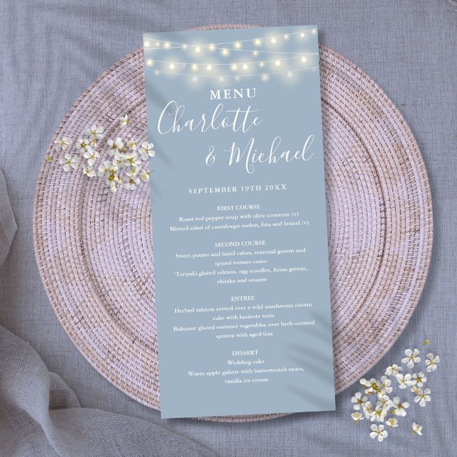 Menu Dusty Blue String Lights Signature WedMenu (Dusty Blue String Lights Signature Wedding Menu)