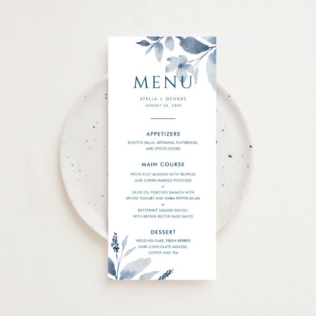 Menu Dusty Blue Watercolor Casamento Floral (Criador carregado)