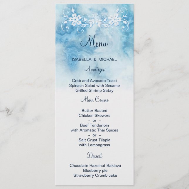 Menu Dusty Blue Winter Script Calliografia Aquarela (Frente)