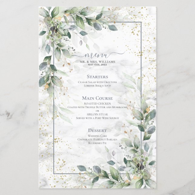 Menu Dusty Botanical Greenery Dourado Marble Weddi (Frente)