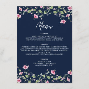Menu Dusty Navy Azul Rosa Hibisco Flor de Casamento Chá