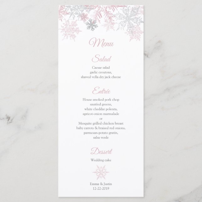 Menu Dusty Pink e Silver Flocos de Neve (Frente)
