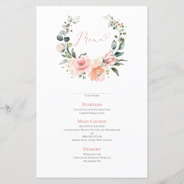 Menu Dusty Pink Floral Wreath (Frente)
