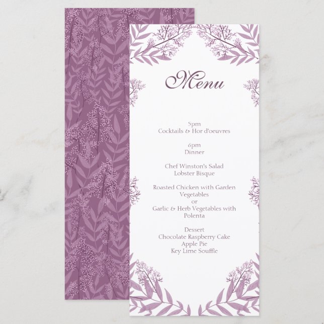 Menu Dusty Plum Purple Weding Botânico (Frente/Verso)