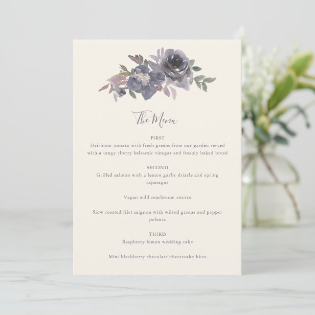 Menu Dusty Purple Floral Watercolor Personalizado (Em pé/Frente)
