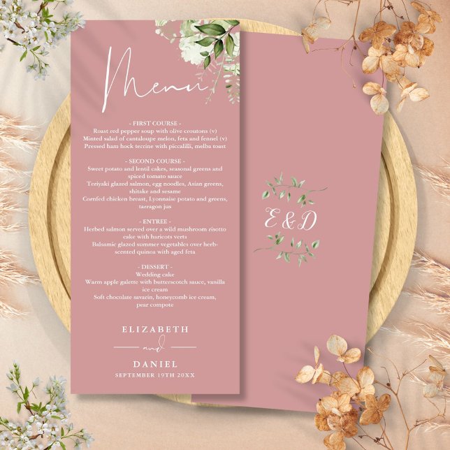 Menu Dusty Rosa Floral Greenery Monograma Janto Casado (Dusty Rose Floral Greenery Monogram Wedding Dinner Menu)