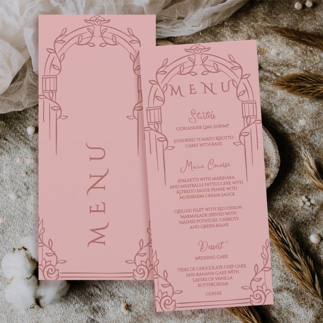 Menu Dusty Rose Ornate Arch Botanical Wedding Dinner (Dusty Rose Ornate Arch Botanical Wedding Menu Card)