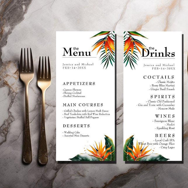 Menu e Bebidas Aves da Felicidade do Paraíso (Birds of Paradise Bliss Wedding Menu and Drink card. Explore the whole collection. )