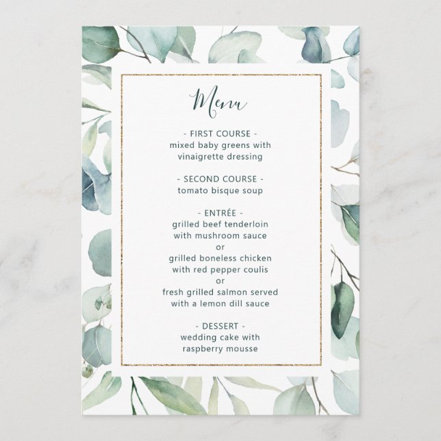 Menu Eetal Eucalyptus Dourado Frame Greenery Casamento (Frente)
