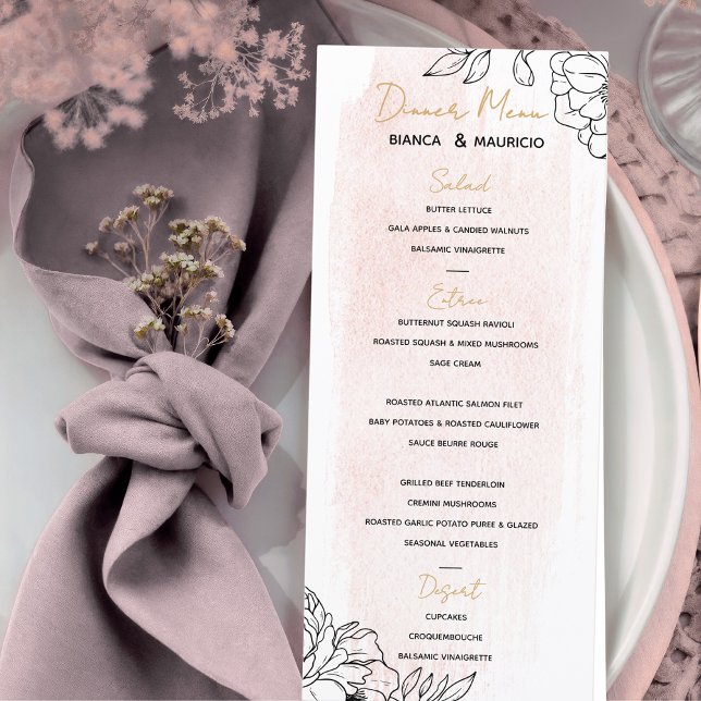 Menu Elegância de Cores de Água Espelhadas com Destaque (Blush Watercolor Elegance with Black Floral Accent Menu)