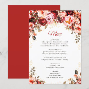Menu Elegância Escarlate Dourada Floral Quinceañera Ani