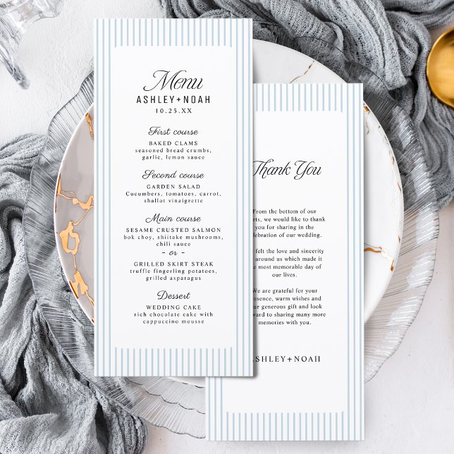 Menu Elegância Listrada Azul Empoeirada Casamento Cláss (Dusty Blue Striped Elegance Classy Wedding Menu)