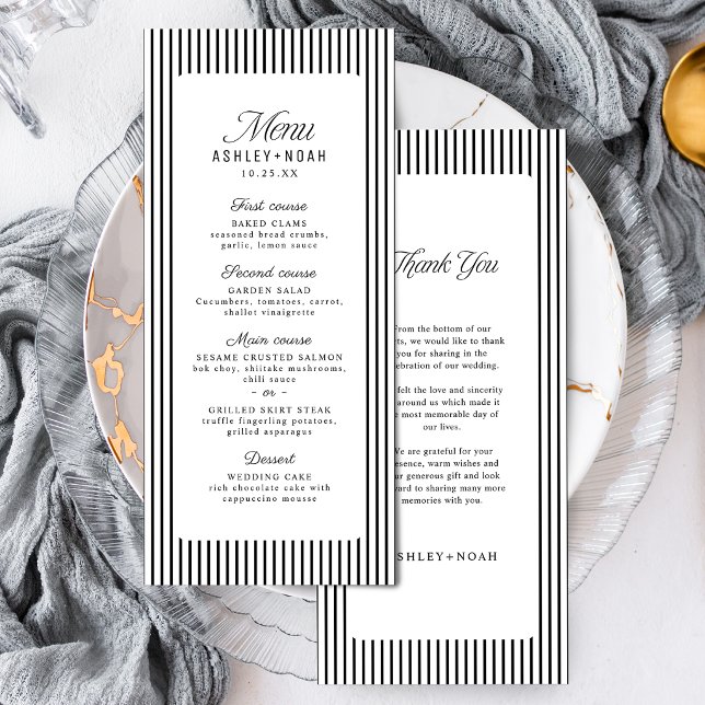Menu Elegância Listrada Preto e Branco Casamento Clássi (Black & White Striped Elegance Classy Wedding Menu)
