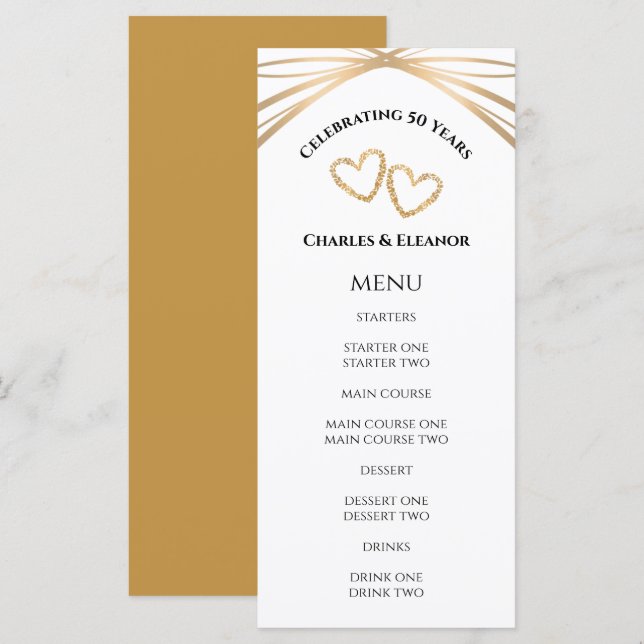 Menu Elegant Arch Golden 50th Anniversary Party Custom (Frente/Verso)