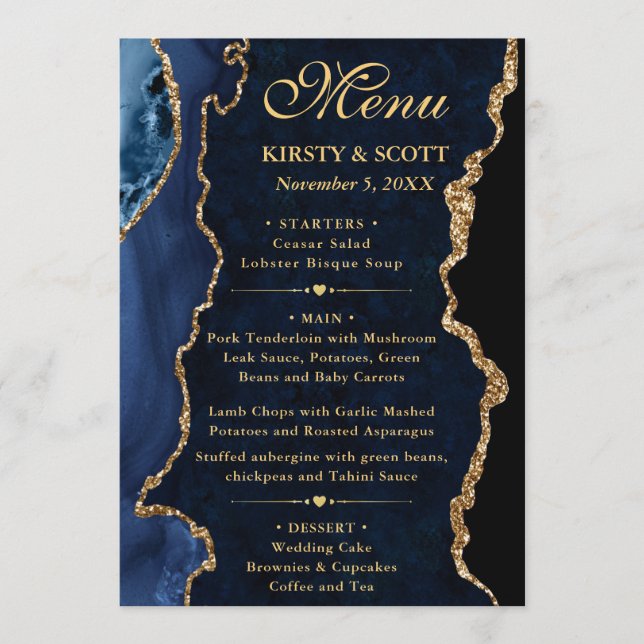 Menu Elegant Blue and Gold Glitter Agate Wedding (Frente)