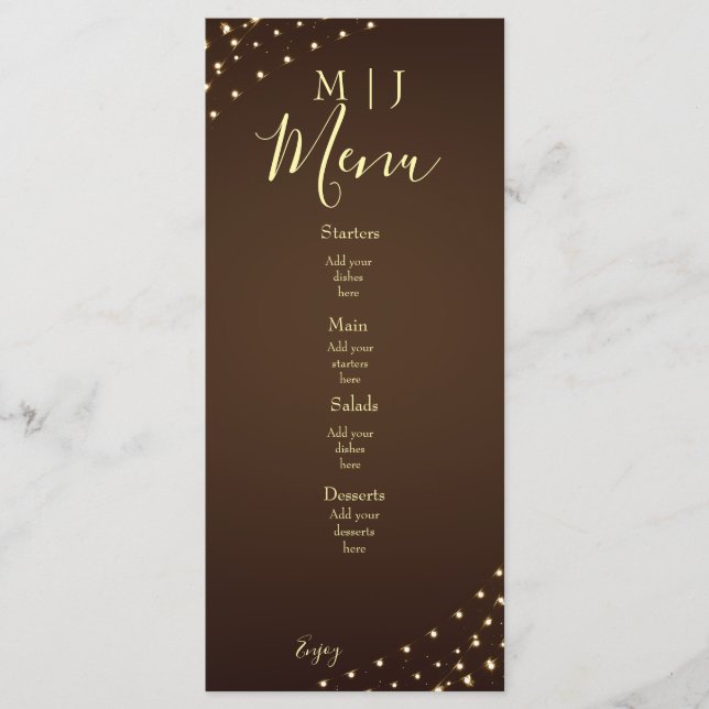 Menu Elegant Brown & Gold String Lights Wedding (Frente)