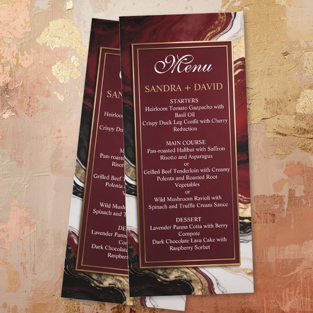 Menu Elegant Burgundy and Gold Marble Wedding (Criador carregado)