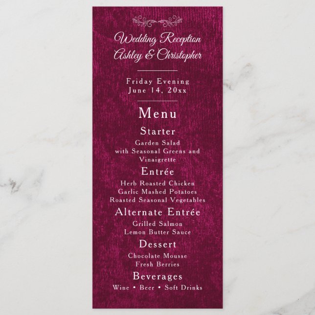 Menu Elegant Burgundy Velvet White Wedding Reception  (Frente)