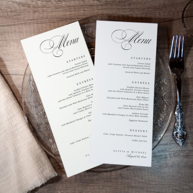 Menu Elegant Calligraphy Black and White Wedding (Black and white elegant wedding menu with classic calligraphy and formal dinner layout)