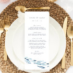 Menu Elegant Coastal Blue Watercolor Fish Wedding<br><div class="desc">This elegant summer design for modern beach weddings,  minimalist coastal engagement parties,  or chic beachside rehearsal dinners features a school of blue watercolor fish swimming along the bottom. Personalize with two lines of custom text in classic navy blue lettering,  with your menu items beneath.</div>