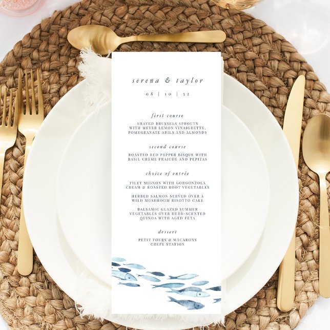 Menu Elegant Coastal Blue Watercolor Fish Wedding (Criador carregado)