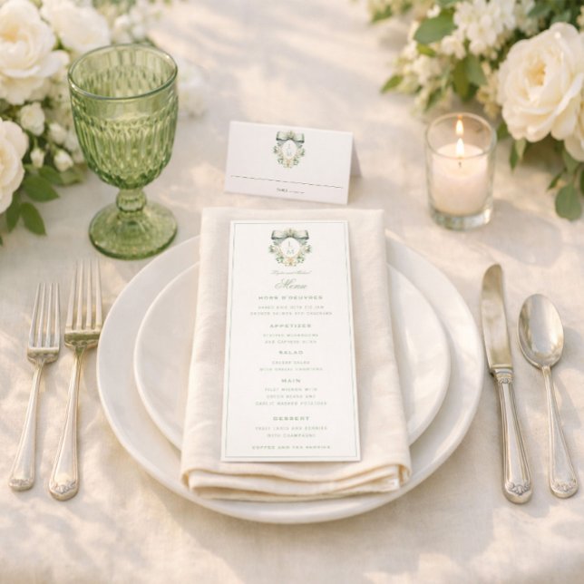 Menu Elegant Crest w/ Sage Green Bow | Monogram Wedding (Criador carregado)