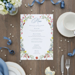 Menu Elegant Dusty Blue Pastel Wildflower Crest Wedding