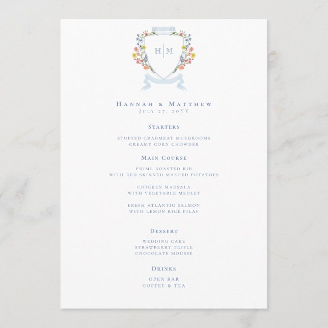 Menu Elegant Dusty Blue Pastel Wildflower Crest Wedding (Frente)