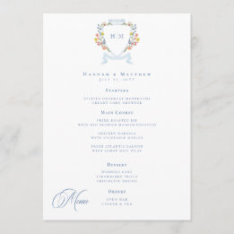 Menu Elegant Dusty Blue Pastel Wildflower Crest Wedding