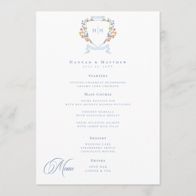 Menu Elegant Dusty Blue Pastel Wildflower Crest Wedding (Frente)