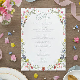Menu Elegant Dusty Sage Pastel Wildflower Crest Wedding