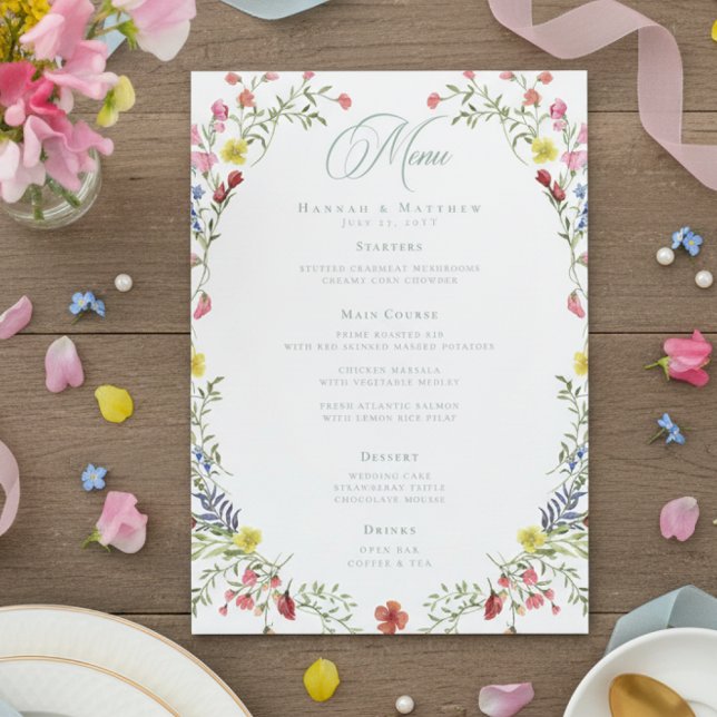 Menu Elegant Dusty Sage Pastel Wildflower Crest Wedding (Criador carregado)