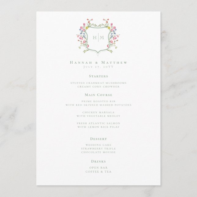 Menu Elegant Dusty Sage Pastel Wildflower Crest Wedding (Frente)