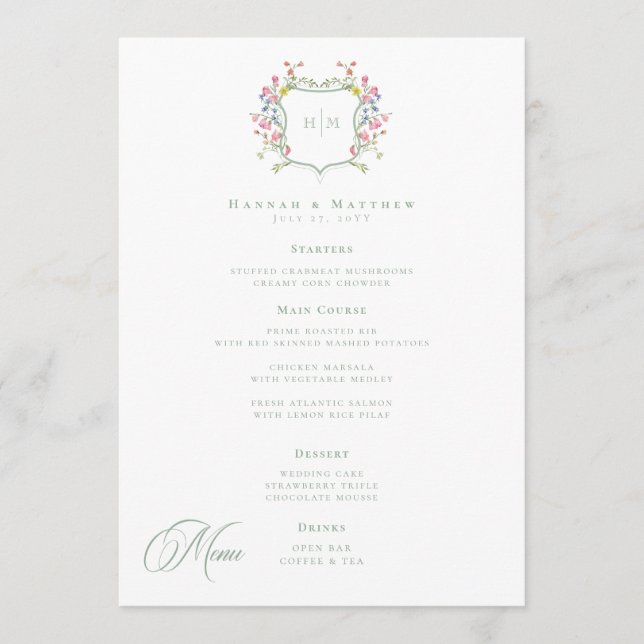 Menu Elegant Dusty Sage Pastel Wildflower Crest Wedding (Frente)