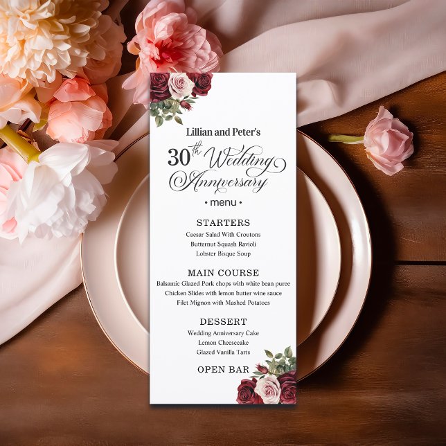 Menu Elegant Floral 30th Wedding Anniversary (Criador carregado)