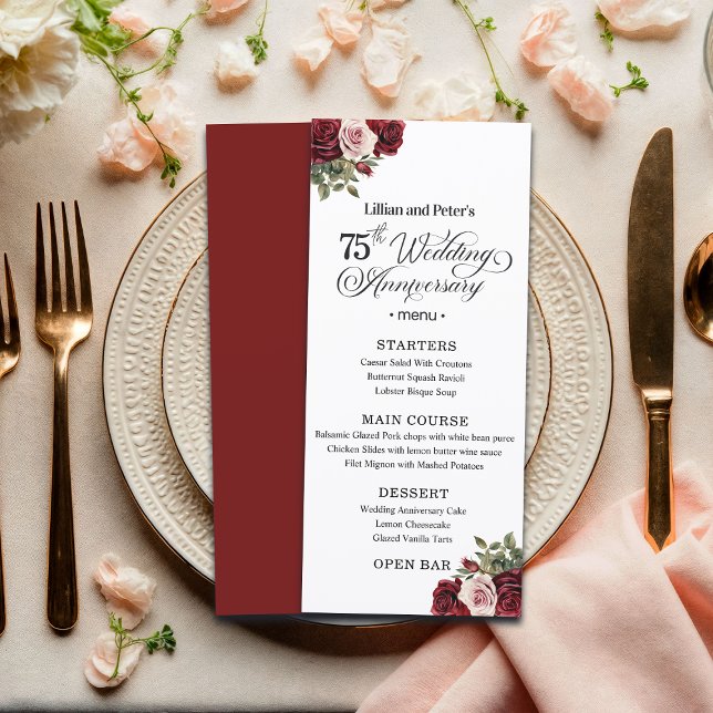 Menu Elegant Floral 75th Wedding Anniversary (Criador carregado)