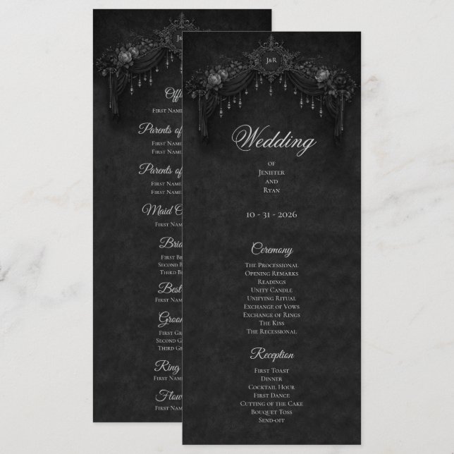 Menu Elegant floral Gothic Halloween Wedding Program (Frente/Verso)